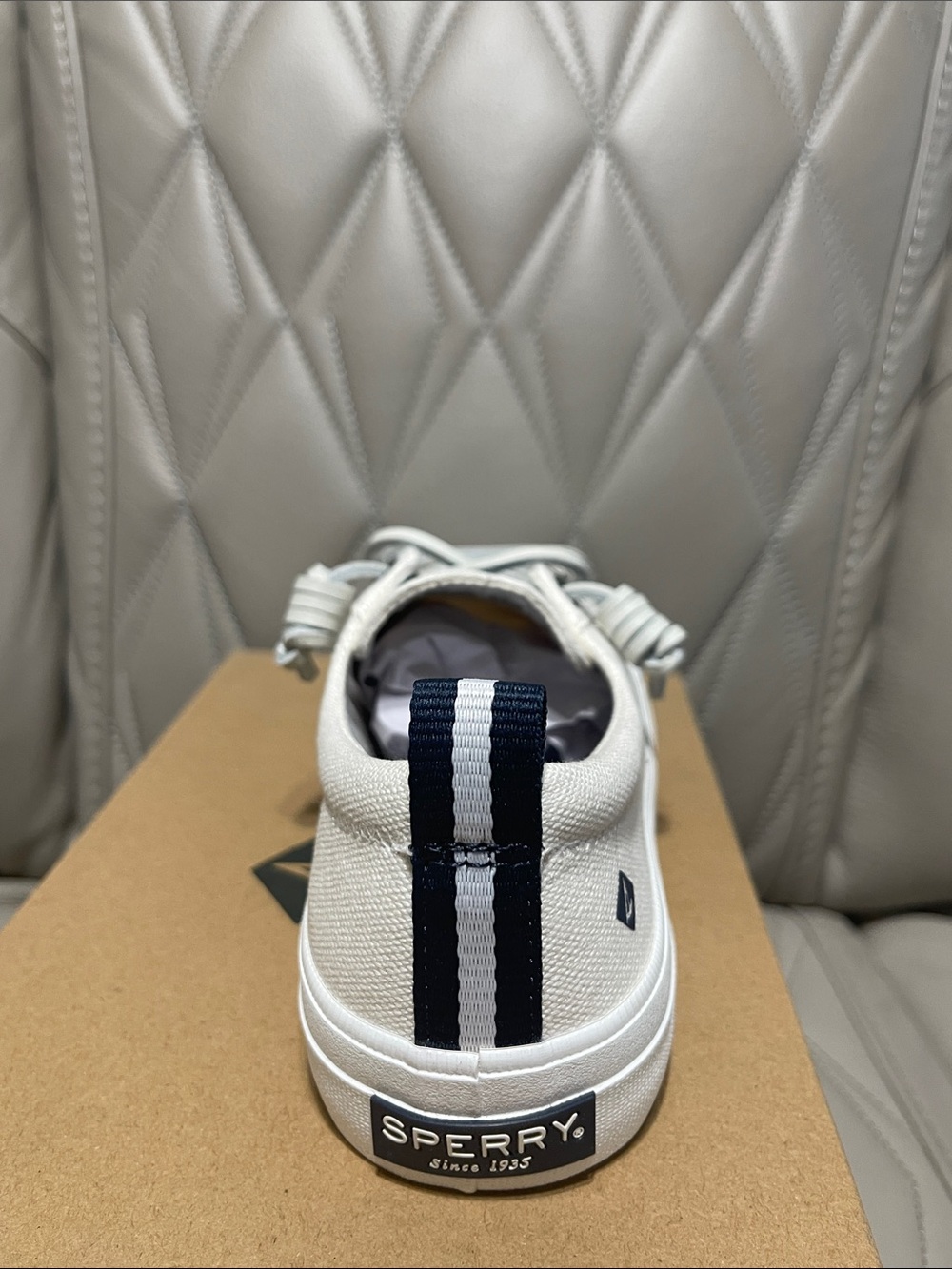 Sperry women’s Crest Vibe Linen White Sneakers with Navy Label - Picture 8 of 11